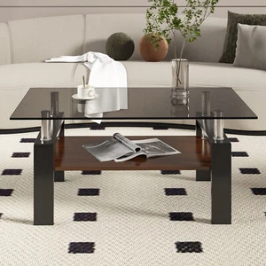 Rectangle Coffee Table Tempered Glass Tabletop MDF Layer Modern Table Living Roo - Picture 1 of 10