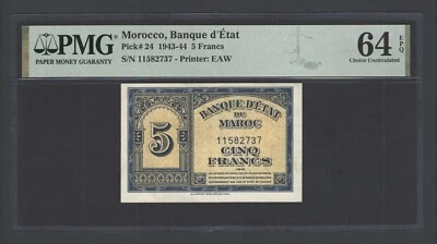Morocco 5 Francs 1-8-1943 P24 Uncirculated Grade 64 - Image 1 of 2