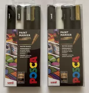 2 x Sets of 4 POSCA PC-3M Paint Markers Mono Colours(Black, White, Silver, Gold) - Picture 1 of 1