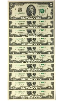 10 Consecutive Number US $2 DOLLAR Bills Uncirculated w/ 10-Page Portfolio Album - Image 1 of 4