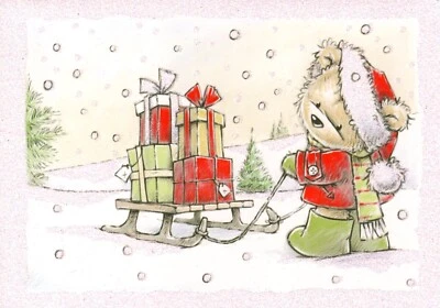 Merry Christmas Wishes Brown Teddy Bear Sled Full Of Presents Greeting Card - Image 1 of 3