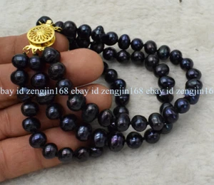 3 Rows 7-8mm Genuine Black Freshwater Cultured Pearl Bracelet 7.5" - Picture 1 of 12