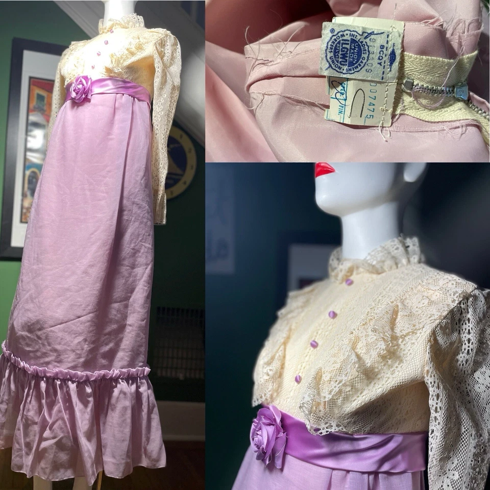 Vintage 60s Fairy Hippy Diva Hi Neck Lace Maxi Dress Empire Prom Gown XXS USA - Image 1 of 4