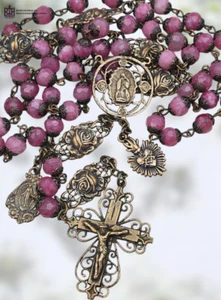 Lady of Guadalupe & Sacred Heart Heirloom Rosary - Bronze | Pink Jade | Roses - Picture 1 of 8