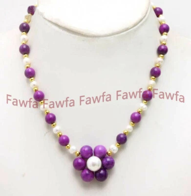 Collar Colgante Natural 6-7mm Perla Blanca y 8mm Púrpura Sugilite Gemas Redondas 18" Foto 1 de 4