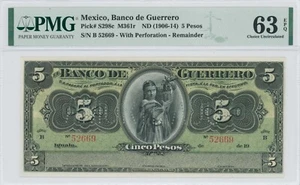 Mexico 5 pesos ND (1906-14), PMG 63, "Banco de Guerrero" - Picture 1 of 2