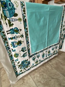 Printed Mcm Tablecloth Cross Stitch Look In Blues/Greens Oblong Rural Farm Vtg - Picture 1 of 24