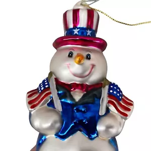 Vintage Patriotic Snowman Christmas Tree Ornament Vintage Glass 4.5" Flag USA - Picture 1 of 10