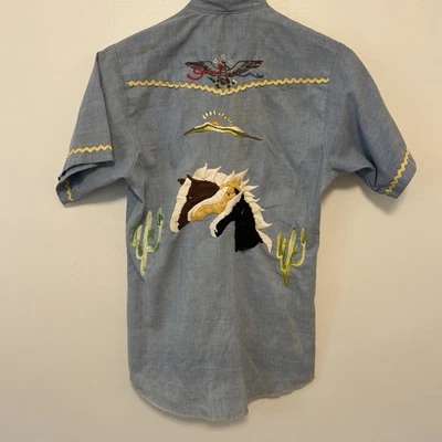Vintage DeeCee Rangers Shirt Mens 16L Blue Western Horse Embroidered USA 70s - Image 1 of 4