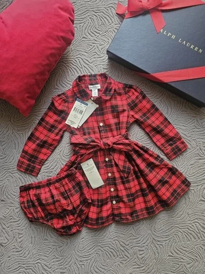 New Ralph Lauren Red Plaid Buttoned Up Shirt Dress Bloomers Girls Gift Set 12M - Image 1 of 4