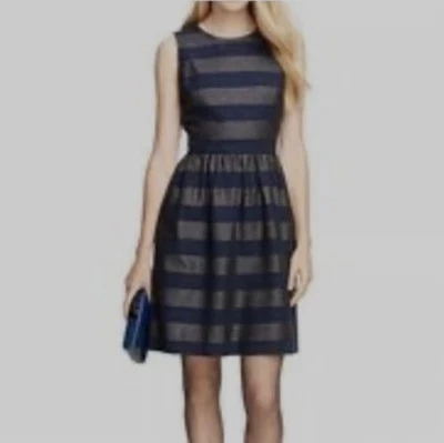 Vestido Brooks Brothers Rojo Vellón Ajuste y Acampanado Metálico Plateado y Azul Rayas 12 Foto 1 de 4