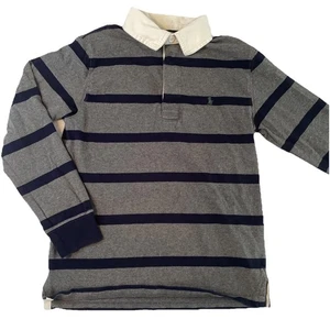 Polo Ralph Lauren Shirt Boys Size Medium Blue Striped Rugby Long Sleeve Collar - Picture 1 of 6