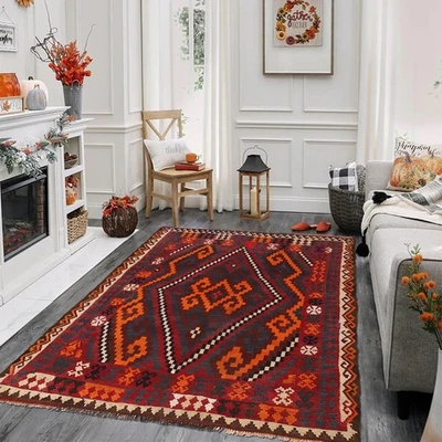 Original Afghan Maimana Kilim Flat Weave Wool Design 7.2x6.4 Ft - Image 1 of 4