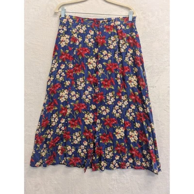 Sag Harbor 花卉印花中裙纽扣前蓝色红花复古风格 — 第 1/4 张图片