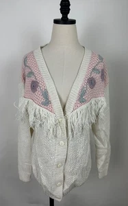Vintage 90s Cardigan Sweater Womens Medium Pastel Pink Floral Fringe Cottagecore - Picture 1 of 11