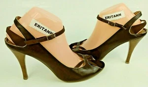 Nine West Womens Shoes Heels 10 M Brown Leather Gold Trim Ankle Strap 405 - Picture 1 of 10