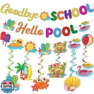 Goodbye School Hello Pool Banner Summer Party Decorations End of School Year  - Picture 1 of 4