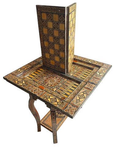 Marquetry wood inlay folding game table of backgammon and chess Cover