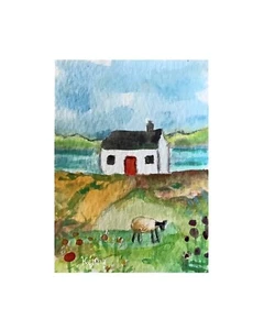Pintura HP ACEO Paisaje Casa Ovejas Marinas Por Kenna 2.5” X 3.5” Firmado - Imagen 1 de 2