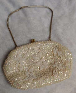 Vintage Beaded Hand Made Hong Kong White Rhinestone Gold Purse Bag Handbag - Picture 1 of 8