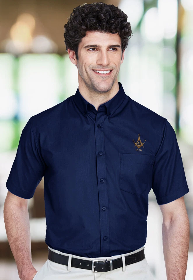 Camisa de manga corta Prince Hall 357 bordada masónica de popelina con botones para hombre Foto 1 de 1