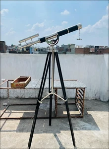 Vintage-Style Chrome Double Barrel Brass Telescope w/ Stand - Collector's Item" - Picture 1 of 10