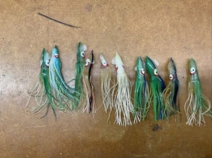 10 RED EYE ANGLER 5" SQUID SKIRTS HOLED HEAD TROLLING LURE BLUE Green White - Picture 1 of 3