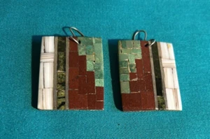 MARY CORIZ LOVATO SANTO DOMINGO MOSAIC INLAY EARRINGS SILVER TURQUOISE - Picture 1 of 6