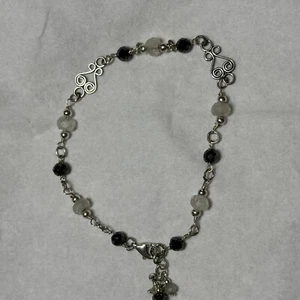 Artisan Handcrafted Moonstone & Onyx Sterling 925 Sterling Silver Bracelet 7-8" - Picture 1 of 6