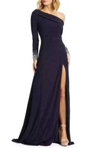 Mac Duggal Midnight Blue One Long Sleeve Sparkle Jersey Gown Sz 0 $398 - Picture 1 of 5
