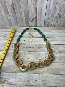 Chico’s Chunky Acrylic Link Necklace Teal Green Beaded Brown Long Statement Bold - Picture 1 of 4
