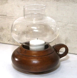 Vintage Wood Chamber Candle Holder with Glass Hurricane Shade - Picture 1 of 7