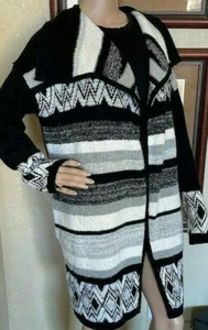 TAHARI WOMENS LONG BLACK AZTEC FALL CARDIGAN SWEATER COAT SZ M - Picture 1 of 8