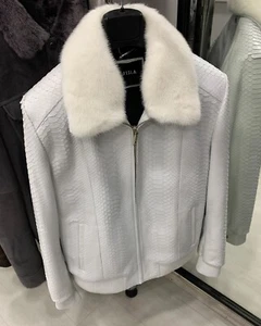 Alle Größen Herren echt Pythonhaut Nerz Pelzkragen weiß exotisch Lederjacke - Bild 1 von 8
