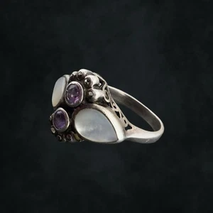 ANELLO Vintage 🖤 FIRMATO 🖤 925 Ametista PIETRA DI LUNA Filigrana Southwestern Art Deco - Foto 1 di 21