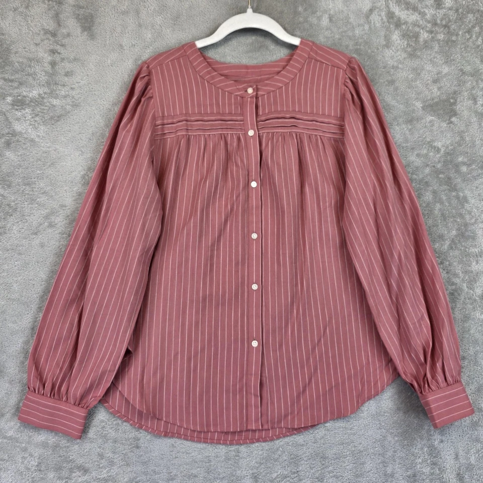 Camisa LOFT Mujer Mediana Rosa Rayas Algodón Manga Larga Botón Frontal Blusa Foto 1 de 4