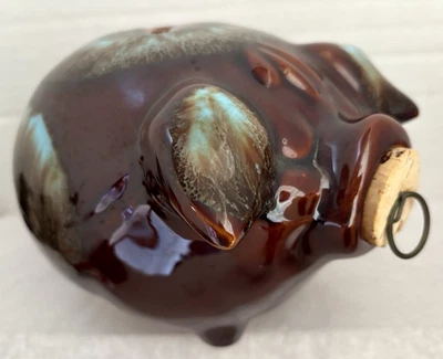 Vintage CORKY PIG Piggy Bank Brown w/ Turquoise Drip, Cork, Hull Pottery 1957 - Image 1 of 4