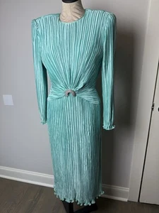 Vintage 80s George F Couture Evening Dress 12 Aqua Rhinestones Accordion Pleats - Picture 1 of 19