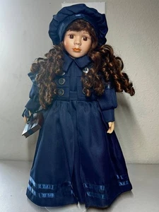 Collectible Porcelain Doll 17" - Curly Brunette in Long Blue Coat & Hat - Picture 1 of 4