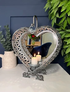 Vintage verspiegeltes Herz Kerzenhalter Boden Tisch Laterne | stilvolle Wohndeko - Bild 1 von 8