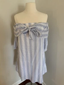 NWT Listicle Off the Shoulder Dress Sz M 3/4 Sleeve Blue White Stripe Tie Bow - Picture 1 of 7