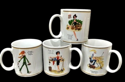 Juego de 4 tazas de café de limpieza de primavera Sakura gres humorísticas mujeres caprichosas Foto 1 de 4