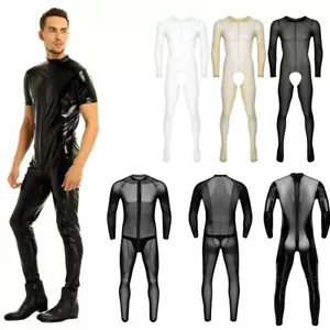Body da uomo intero look bagnato finta pelle maglia vedere attraverso costume da body - Foto 1 di 43