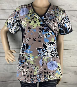 Cherokee Scrub Top Small Brown Green Blue Floral Stretch Panels Semi-Fitted Cute - Picture 1 of 12