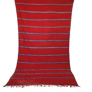 Vtg Handmade Moroccan Red Rug Blue Pink Stripes Fringe Berber Tribal Wool Carpet - Picture 1 of 24