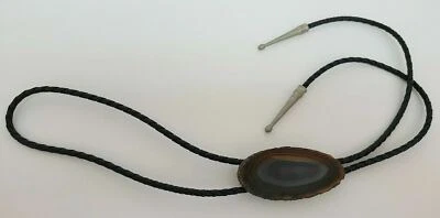 Corbata Western Bolo Oblonga De Colección Cuero Tejido Negro Pulido Azul Marrón Ágata 18.5" Foto 1 de 4