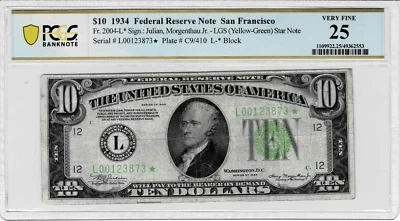 1934 $10 Federal Reserve *STAR*note-fr.2004-Lgs*(SAN FRANCISCO) PCGS VF 25 - Image 1 of 4