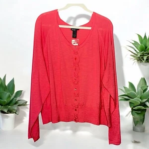 NWT Lane Bryant Size 26/28 Ruffle Front Long Sleeve Cardigan Sweater Dark Coral - Picture 1 of 6