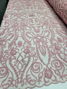 Fabric Sold By The Yard Pink Beaded Lace Floral Flowers Embroidery Damask Patter - Picture 1 of 12