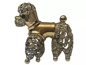 Ernest Steiner Brosche goldfarben Pave Strass Pudel grünes Auge - Bild 1 von 7
